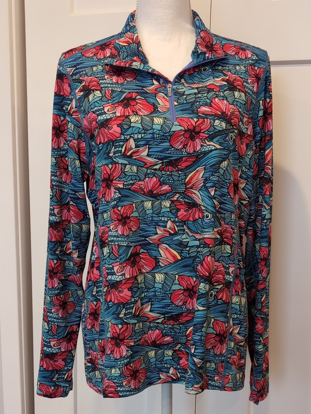 Orvis 1/4 Zip Sun Defense Blue/Pink Floral L